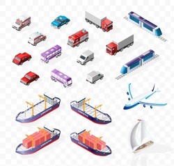 Collection Of Realistic Isometric High Quality City Element For Map On Transparent Background . Vehicles