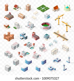 Collection of Realistic Isometric High Quality City Element for Map on Transparent Background . Buildings