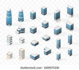 Collection of Realistic Isometric High Quality City Element for Map on Transparent Background . Buildings