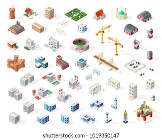 Collection of Realistic Isometric High Quality City Element for Map on Transparent Background . Buildings