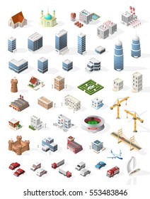 Collection of Realistic Isometric High Quality City Element for Map. Buildings.