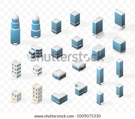 Collection of Realistic Isometric High Quality City Element for Map on Transparent Background . Buildings