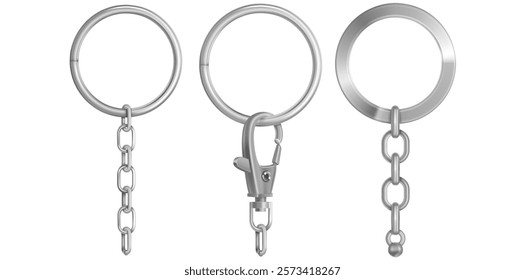 Collection Of Realistic Key Rings With Chain Vector Illustration.	