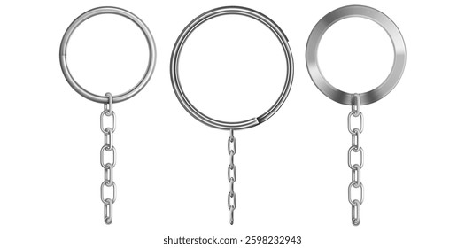Collection Of Realistic Key Rings With Chain Vector Illustration.	