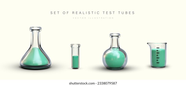 Colección de vajilla realista llena de líquido verde. Tubos de ensayo de vidrio, radiadores, frascos de diferentes formas en posición vertical. Ilustración vectorial aislada en estilo de dibujos animados