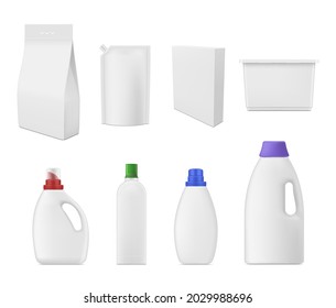 Recogida de un paquete de detergentes de lavandería realista y de una ilustración vectorial de almacenamiento de contenedores de botellas. Conjunto de líquido, suelto y caja de la cápsula para el hogar aislado. Plantilla en blanco para productos químicos