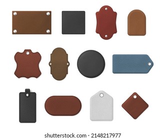 Collection realistic leather tags vector illustration. Luxury blank badges material stickers set for branding natural or faux calfskin samples isolated. Premium clothes accessory wear frame