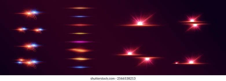 Collection of realistic light effects and glare, starburst and 
lens, neon laser lines.