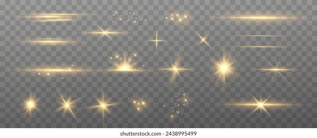 Sammlung von realistischen Lichtblitzen.Golden glitzernder Lichteffekt.Helle Sonne funkelt mit Sternen und Funkeln.	