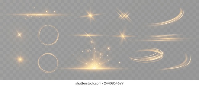Collection of realistic light flashes.Golden shining light effect.Bright sun sparkles with stars and sparkles.