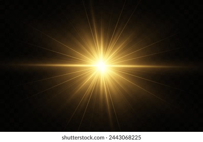 Colección de destellos de luz realistas.Efecto de luz brillante dorada.Brillos de sol brillante con estrellas y destellos.