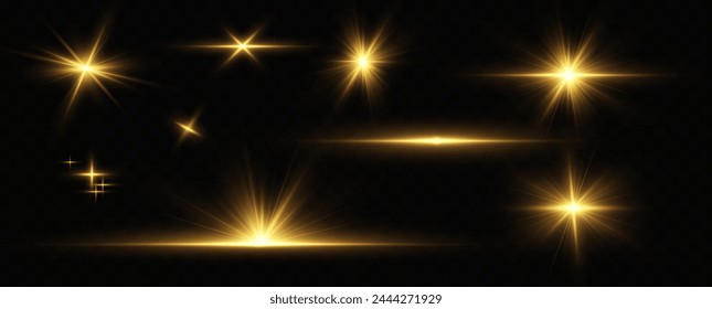 Collection of realistic light flashes.Golden shining light effect.Bright sun sparkles with stars and sparkles.	