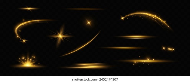 Collection of realistic light flashes.Golden shining light effect.Bright sun sparkles with stars and sparkles.	