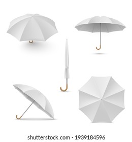 Collection realistic light gray umbrella various view positions vector illustration. Set of different open and folded parasols isolated on white. Stylish accessory for protection from rain or sunlight
