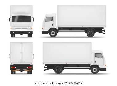 Collection realistic light truck front back and side view vector illustration. Set lorry van with box cargo logistic transportation service. Commercial freight delivery industrial machinery vehicle