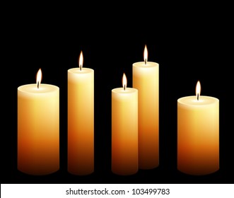 collection of realistic looking burning candle with different shape and flame on black background. Vector eps file.