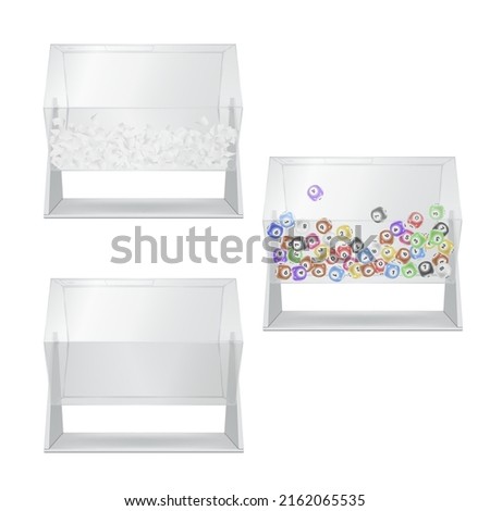 Collection realistic lottery drum empty with notes and gambling balls inside vector illustration. Set fortune game swirl machine plastic container lucky chance jackpot front view. Succeed risk playing