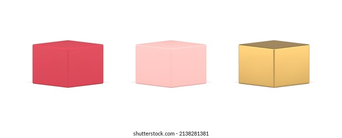 Collection realistic luxury polygonal geometric shapes stage podium squared box 3d template vector illustration. Set metallic glossy cubes three dimensional platform decorative design scene display