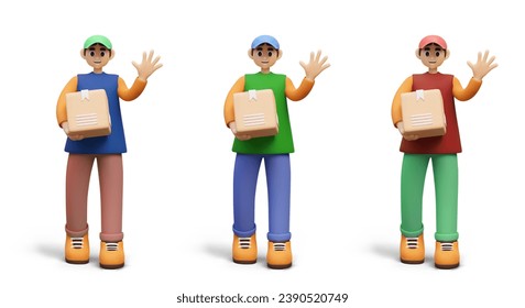 Collection with realistic man in blue, green, and red uniform holding parcel and saying hi. Set of young male courier delivers order. Vector illustration in 3D style