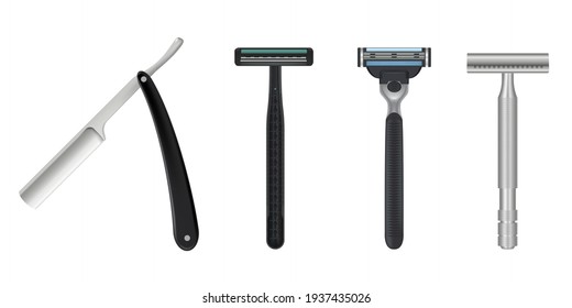 Collection of realistic man razor vector illustration. Set of different colorful wet shave razors isolated on white. Bundle of shaving mock up equipment. Accessories for beauty care procedure