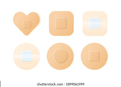 Collection of realistic medical adhesive plasters patches. Modern perforated medical, first aid bandages set. Flat vector cartoon illustration isolated on white background