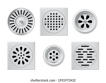 Collection of realistic metal drainage grates vector illustration. Set of square and round drain manhole with steel grid for shower or sink isolated on white. Tools for sewer in bathroom or kitchen