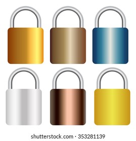 collection of realistic metal gradient padlock isolated on white background