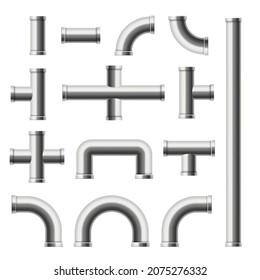 Collection of realistic metal pipes of various shapes, lengths in vector illustration isolated on white background. Set of silver pipes for water, gas, sewer systems.