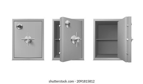 Collection realistic metal safe with open and closed door vector illustration. Set bank vault storage rectangle metal steel entrance mechanism with welds and rivets isolated. Money treasure guard
