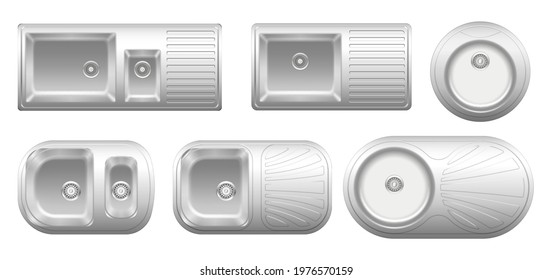 Collection of realistic metal sink top view. Set of different stainless steel equipment with drain for washing with water isolated on white. Chrome kitchen sink. 3d vector illustration