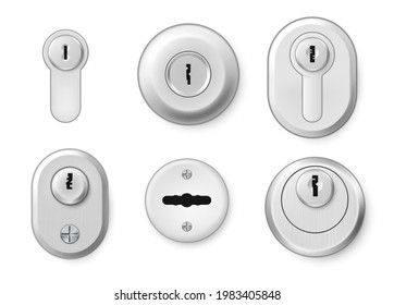 Collection realistic metallic keyholes vector illustration. Set of different metal key holes for door locks, padlocks and lockers isolated on white. Steel security for safety access entrance and exit