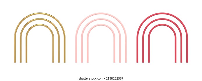 Collection realistic metallic rod arch shape decorative architectural interior exterior design element vector illustration. Set expensive multilevel bar ornamental structure art deco frame 3d template