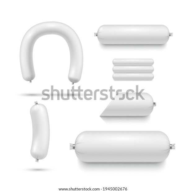 Collection realistic mockup of sausage packaging\
for branding design vector illustration. Set white clean plastic\
pack meat product isolated. Different shapes of vacuum polyethylene\
food snack storage