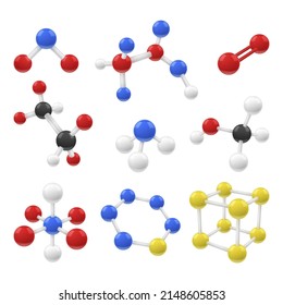 Collection realistic molecules and atoms different shape vector illustration. Set chemistry biology elements connection nanotechnology molecular build structure. Medicine healthcare research