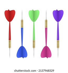 Collection realistic multicolored dart with needle vector illustration. Set steel three dimensional tools for accuracy shooting to aim isolated. Recreation entertainment sports game playing