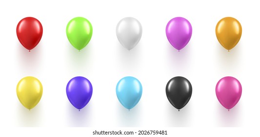 Collection of realistic multicolored shine balloon vector illustration. Set of flying helium toy ball for decor festive holiday celebration isolated on white. Inflatable happy surprise entertainment