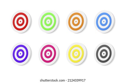 Destino multicolor realista de la colección para la ilustración vectorial de la práctica de disparo. Conjunto de tablero de borde con rayas de círculo de color para la orientación hacia flecha aislada. Aspiraciones a la competición deportiva