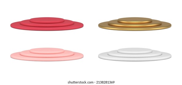 Collection realistic multilevel circled three section podium isometric vector illustration. Set rounded stage pedestal for museum exhibition show performance minimalistic geometric luxury 3d design