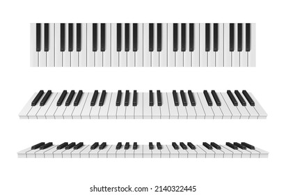 Colección de la fila de instrumentos musicales realistas de la ilustración vectorial de las teclas en blanco y negro. Establezca el teclado de piano clásico aislado por un lado diferente. Rendimiento artístico de reproducción de sonido de melodía