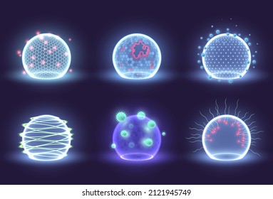 Collection realistic neon glowing bubble shields vector illustration. Set energy shield protective cover science fiction deflector elements, firewall absolute safety. Secure transparent dome barrier