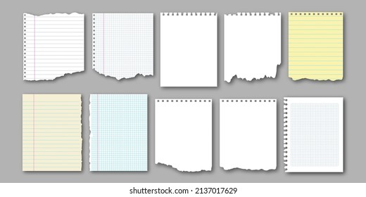 Collection of realistic notebook torn pages and pieces of ripped paper for notes. Vector illustration