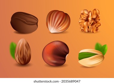 Collection of realistic nuts. Stickers with pistachios, almonds, peanuts, chestnuts and walnuts. Design element for poster, packages and cafe menus. 3d modern vector set isolated on orange background