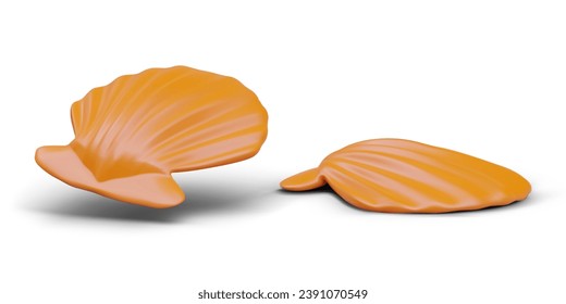 Collection with realistic orange shells in different positions. Marine life. Decoration element for aquarium. Vector illustration in 3d realistic style