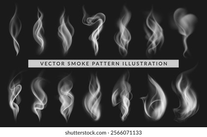 Collection of realistic overlay smoke, fire steam, transparent sky cloud, winter fog or mist, cigarette or chimney fume wave, nature air, explosion pattern and weather element. Food smoke silhouette.