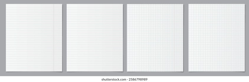 Collection of realistic paper sheets.  Blank spages of square and lined paper isolated on gray background. Vector illustration