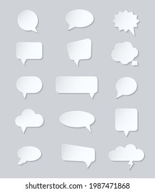 Collection of realistic paper speech bubble vector illustration. Set white empty blank for communication, web, social media or dialogue isolated. Abstract chat cloud balloon with shadow for discussion
