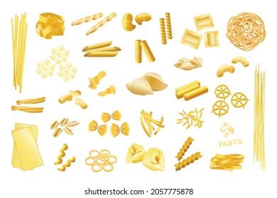 Collection of realistic pasta. Types of pasta, carbohydrate foods.