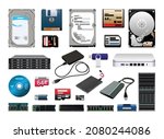 Collection of realistic personal computer components. Hard disks and information storage devices. Detailed illustrations.