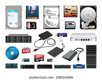 Sammlung realistischer PC-Komponenten. Festplatten und Informationsspeicher. Detaillierte Illustrationen.