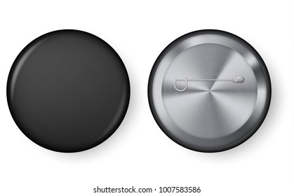 Collection of realistic pin buttons. Black blank badge pin brooch isolated on white background. 3D vector style. Black blank badging round button badge isolated realistic vector template.